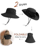 Sun Hats for Women Wide Brim Bucket Hat Ponytail Hole Outdoor UPF (Black)