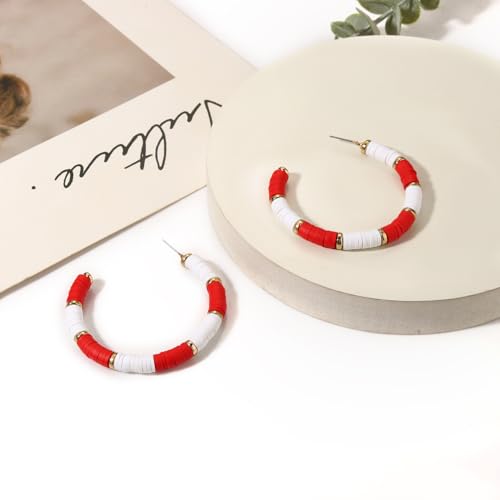 Game Day Earrings Football Baseball Earrings for Women Sports Team Heishi Hoop Earring Football Accessories Outfits Cheer Mom Essentials Fall Sports Must Haves Cheer Gifts (Red White)