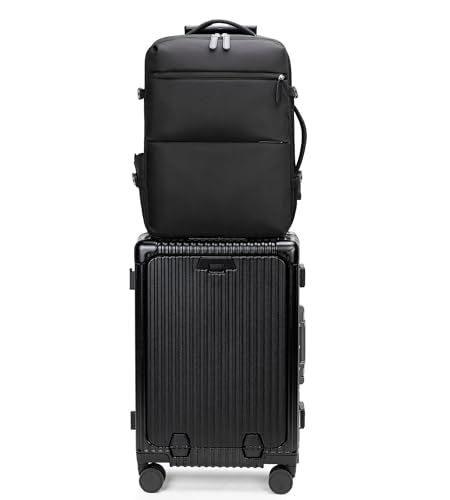2 pcs PC Aluminum Frame Carry On Luggage Set (2/p set Jet Black zipperless (w/ laptop bag) / 20.8")