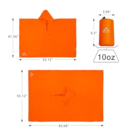 Hooded Rain Poncho Lightweight Waterproof Unisex Raincoat Jacket with Pocket for Men Women Adult (One Size / Orange)