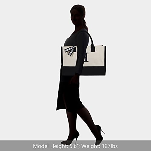 Embroidery Initial Canvas Tote Bag (Black & White / H)