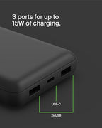 20000mAh 15W 3 Port Power Bank (Black)