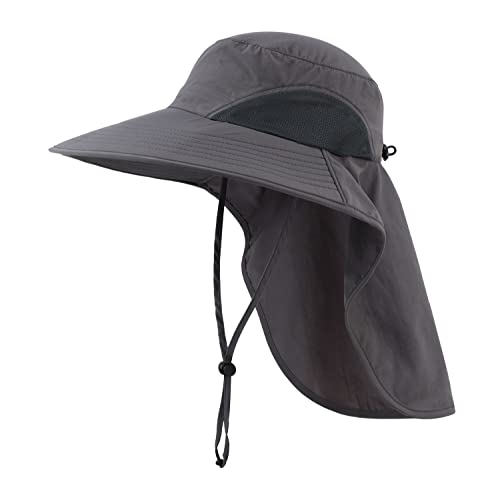 UPF50+ Mens Sun Hat Wide Brim Fishing Hat with Neck Flap Sun Protection Cap for Beach Safari (Large-X-Large / Dark Gray)