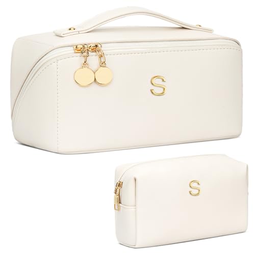 Initial Makeup Bag Personalized Gift for Women Teen Girls (Large Beige / S)