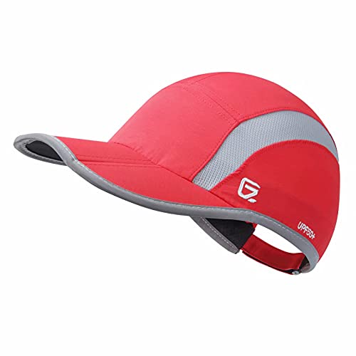 Adjustable Quick Drying Reflective Foldable Running Cap Outdoor Sports Hat 50+ UPF Inhibit UV Mesh Race Performance Water Repellency Baseball Cap (6 7/8-7 1/2 / Red)