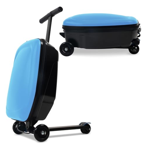 2-in-1 Ride-On Scooter Suitcase for Kids & Adults, 20” Foldable Hardshell Carry-On Luggage for Travel, Lightweight Kids Scooter Bag with Wheels (Blue)