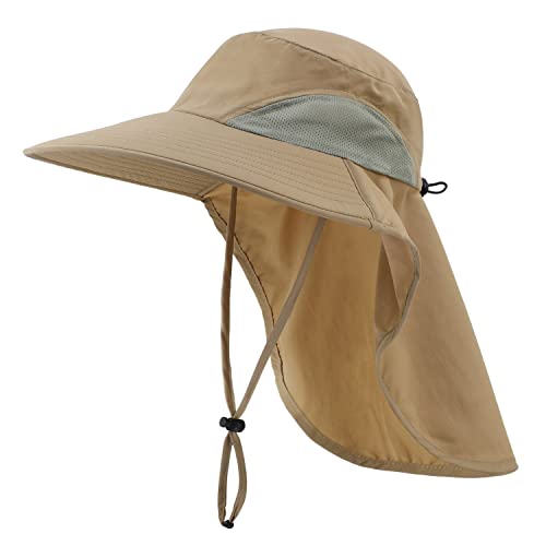 Outdoor UPF50+ Sun Hat Wide Brim Mesh Fishing Hat with Neck Flap (Large-X-Large / Khaki)