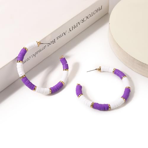 Game Day Earrings Football Baseball Earrings for Women Sports Team Heishi Hoop Earring Football Accessories Outfits Cheer Mom Essentials Fall Sports Must Haves Cheer Gifts (Purple White)