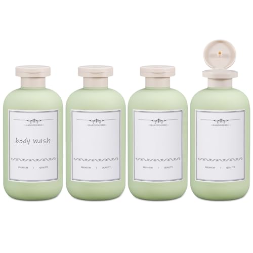 10oz 4Pcs Green Plastic Refillable Travel Shampoo and Conditioner Bottles Plastic Refillable Travel Shampoo Bottles with Flip Cap Shampoo and Conditioner Dispenser (Green / 10oz)
