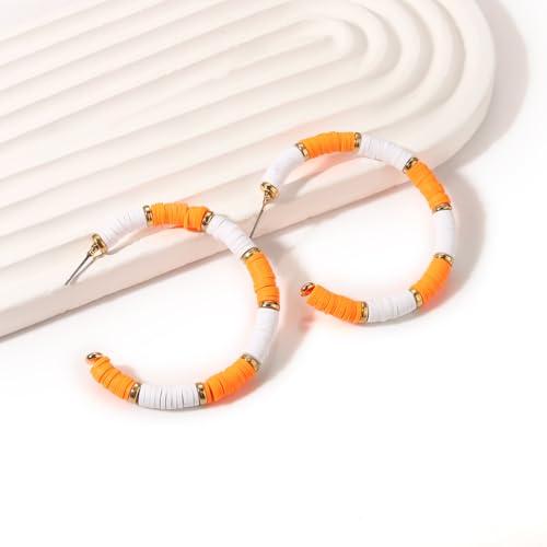 Game Day Earrings Football Baseball Earrings for Women Sports Team Heishi Hoop Earring Football Accessories Outfits Cheer Mom Essentials Fall Sports Must Haves Cheer Gifts (Orange White)