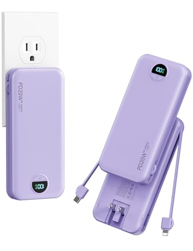 Portable Charger Power Bank 10000mAh with Built in Cables & Wall Plug (Violet)