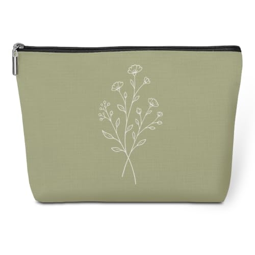 Minimalist Line Art Wildflower Makeup Bag Cosmetic Bags for Women (Sage Green 1817)