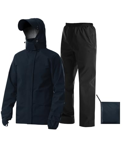 Rain Suit Waterproof Breathable Lightweight 2 (Large / Navy Blue)