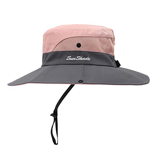 Womens Summer Sun Hat Beach Hat Wide Brim Outdoor UV Protection Hat Foldable Cool Mesh Ponytail Bucket Hat (6-7 / Grey+pink)
