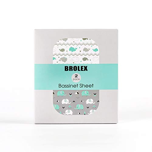 Stretch Fitted Bassinet Sheet Set BROLEX 2 Pack Cradle Sheets for Bassinet Pad (Elephant Whale / 32x16 Inch)