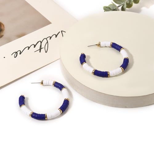 Game Day Earrings Football Baseball Earrings for Women Sports Team Heishi Hoop Earring Football Accessories Outfits Cheer Mom Essentials Fall Sports Must Haves Cheer Gifts (Blue White)