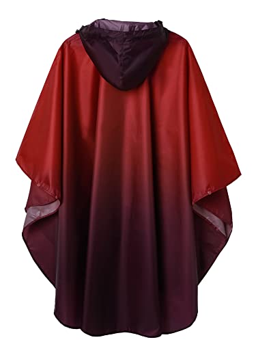 Adult Rain Poncho Waterproof Hooded Zipper Raincoat with Pockets (One Size / Gradient Burgundy)