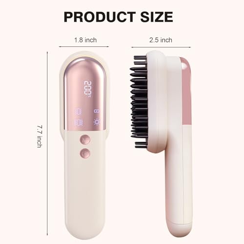 Cordless Hair Straightener Brush Minor Hair Straightening Brush Portable Travel Tool LCD Display Rechargeable Lightweight Anti (White)