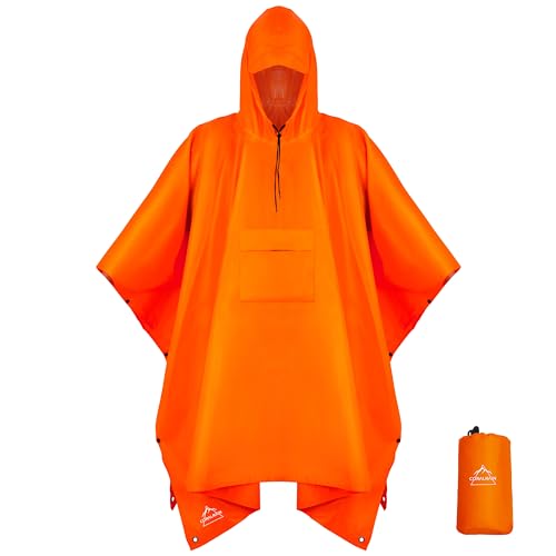 Hooded Rain Poncho Lightweight Waterproof Unisex Raincoat Jacket with Pocket for Men Women Adult (One Size / Orange)