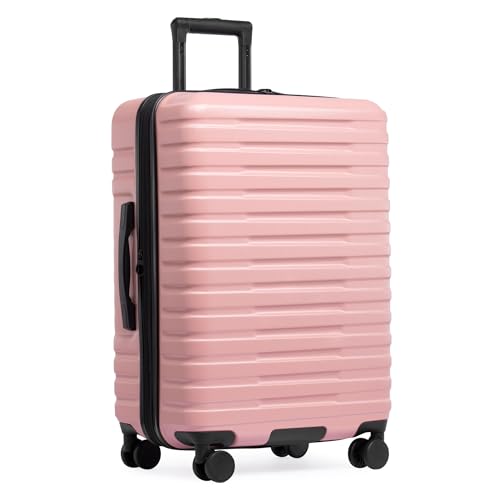 Boren Expandable Hardside Rugged Travel Luggage with 8 Spinner Wheels (Checked-Medium 26-Inch, No USB Port / Pink)