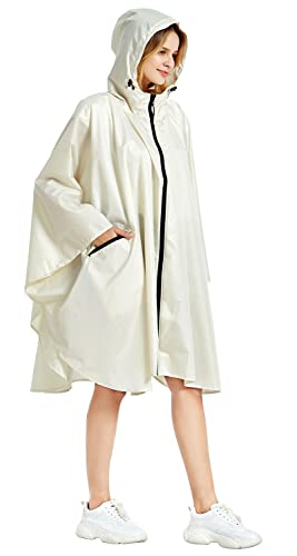 Rain Poncho Jacket Coat Hooded Zipper Style for Women (One Size / Beige)
