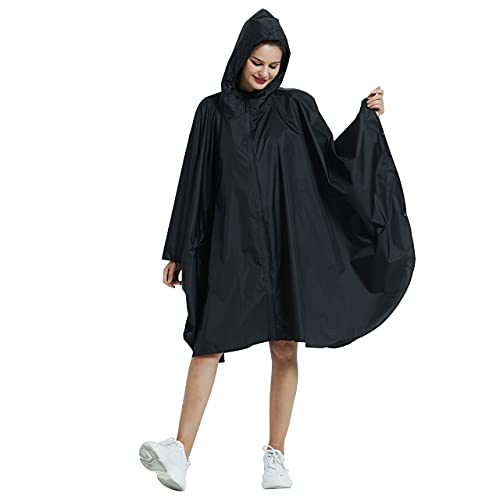 Rain Poncho Jacket Coat Hooded Zipper Style for Women (One Size / A-black)