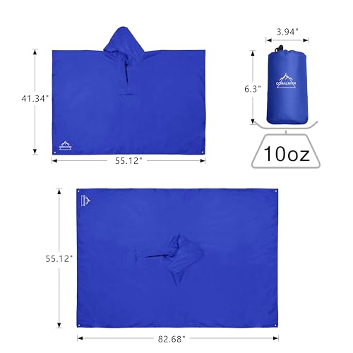 Hooded Rain Poncho Lightweight Waterproof Unisex Raincoat Jacket with Pocket for Men Women Adult (One Size / Blue)