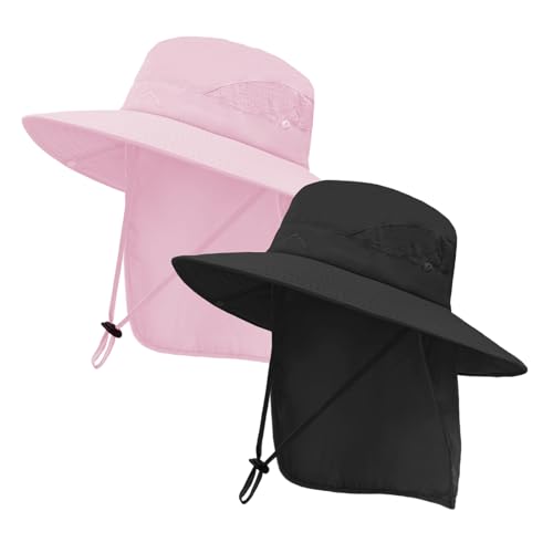 UPF 50+ Wide Brim Sun Hat with Neck Flap (Black+pink)
