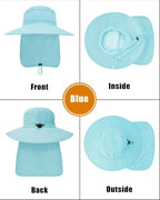 Outdoor Sun Hats with Stowable Neck Flap for Men Women UPF 50+ Mesh Summer Bucket Hat Wide Brim for Fishing Safari Hiking Blue (Blue)