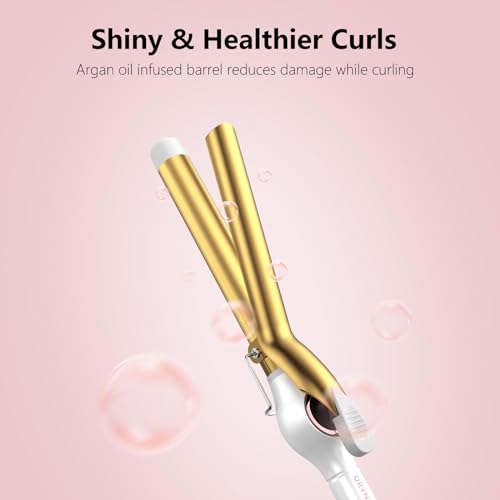 1 Inch Long Barrel Digital Ceramic Curling Wand with Auto Shut Off and Dual Voltage for All Hair Types (1" Pink&White)