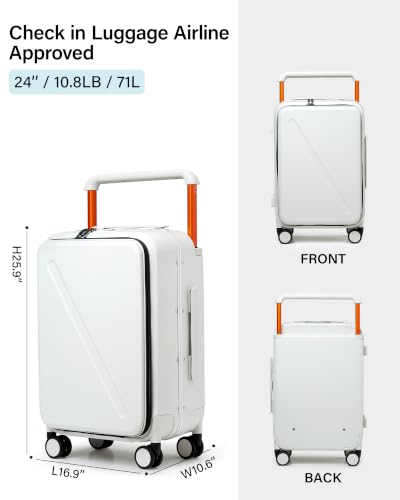 Wide Handle Luggage with Front Pocket Hardshell Aluminium Check In Suitcase with Wheels Medium 24 Inch Front Opening Checked Luggage with Spinner Wheels TSA Lock Airline Approved Luggage (Checked Medium 24 Inch / White)