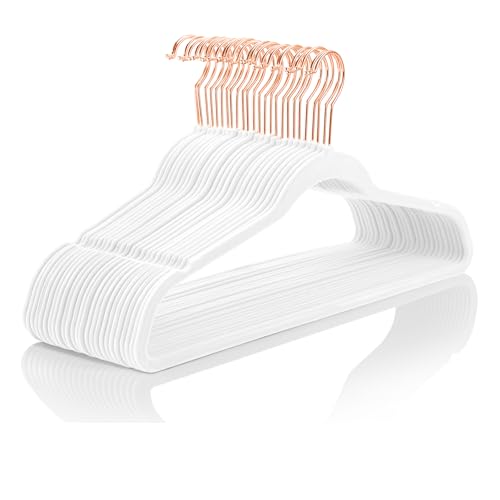 White Velvet Hangers 100 Pack Non Slip Heavy Duty Rose Gold Hooks (White/Rose Gold / 100-Pack)