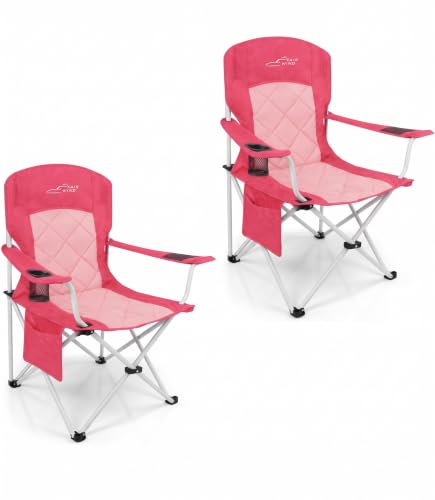 Oversized Padded Camping Chair 2 Pack 350 LBS Capacity Heavy Duty Quad Chair with Lumbar (Pink / Twin Pack)