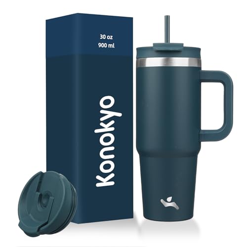30 oz Insulated Tumbler Water Bottle with Handle (30 Ounces / Navy Blue)