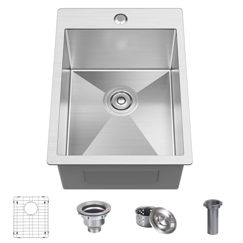 15 x 20 x 9 Inch Drop In Kitchen Bar Sink (Brushed Stainless Steel / 15''X20''X9'' Bottom Grid)