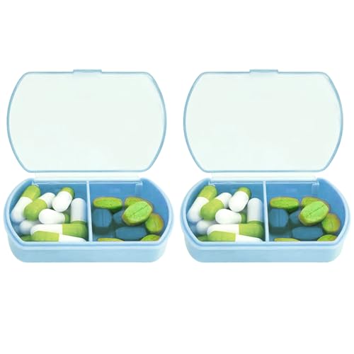 2PCS Small Pill Case Travel Pill Box Cute Pill Organizer for Purse Portable Daily Medicine Organizer 2 Compartment Pill Holder for Vitamins (Blue 2pcs)