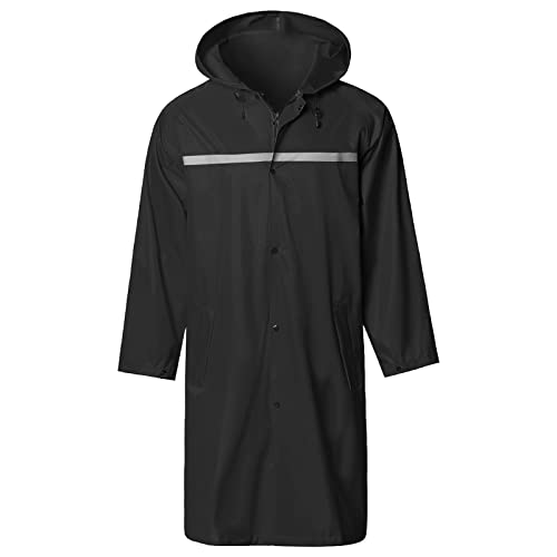 Mens Long Hooded Safety Rain Jacket Waterproof Emergency Raincoat Poncho (X-Large / Black)