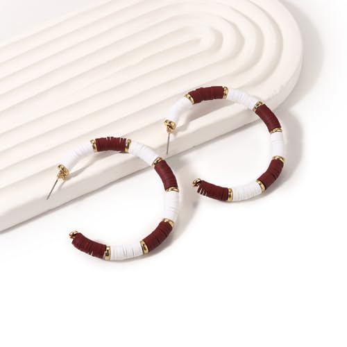 Game Day Earrings Football Baseball Earrings for Women Sports Team Heishi Hoop Earring Football Accessories Outfits Cheer Mom Essentials Fall Sports Must Haves Cheer Gifts (Burgundy White)