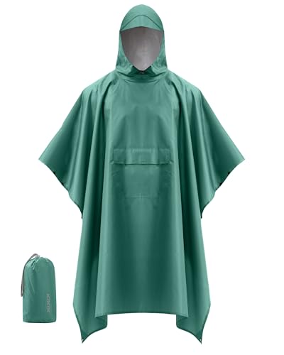 Hooded Rain Poncho Packable Waterproof Unisex Raincoat with Pocket (Small / Pea Green)