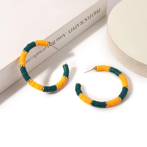 Game Day Earrings Football Baseball Earrings for Women Sports Team Heishi Hoop Earring Football Accessories Outfits Cheer Mom Essentials Fall Sports Must Haves Cheer Gifts (Green Yellow)