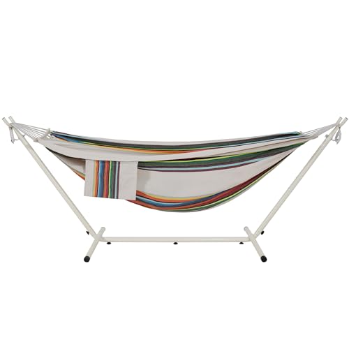LazyDaze Hammocks Double Hammock with Stand (White Frame- Rainbow)
