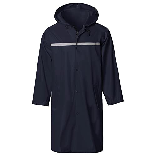 Mens Long Hooded Safety Rain Jacket Waterproof Emergency Raincoat Poncho (X-Large / Navy)