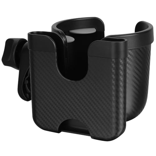 Stroller Cup Holder with Phone Holder (All Black Carbon Fiber Texture)