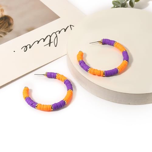 Game Day Earrings Football Baseball Earrings for Women Sports Team Heishi Hoop Earring Football Accessories Outfits Cheer Mom Essentials Fall Sports Must Haves Cheer Gifts (Orange Purple)
