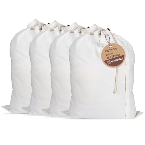 LFH Home Cotton Rich Large Laundry Bag with Handle (24”x36” (Pack of 4) / White)