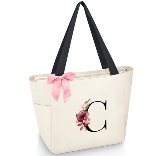 Tote Bag, A-Z Initial Monogrammed Waterproof Tote Bag, Bridesmaid Gifts for Women, Black and Pink (C, Beige) (Beige)