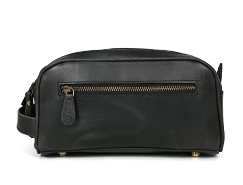 10" Premium Leather Toiletry Travel Pouch With Waterproof Lining Black Color (Florida Black)