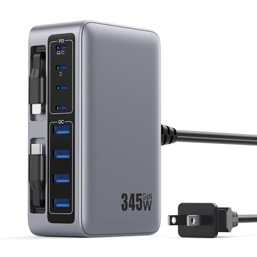 345W USB C Charger 10 in 1 Retractable Wall Charger with 2 Cables (Sliver / 345W)