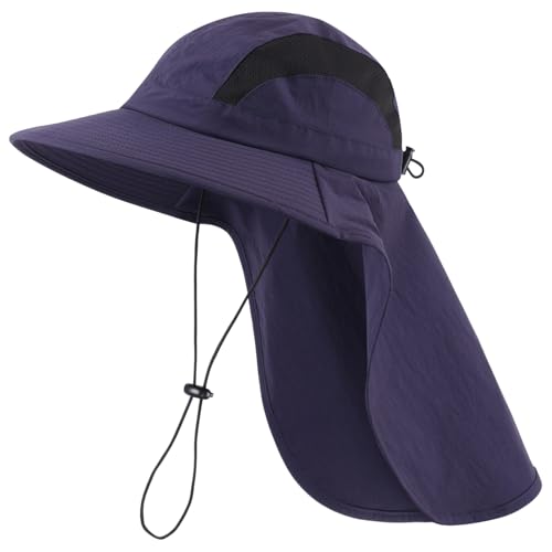 UPF 50+ Wide Brim Mens Sun Hat with Neck Flap Mesh Fishing Hat Wide Flap Summer Beach Bucket Hat for Men Women Navy Blue (Navy Blue)