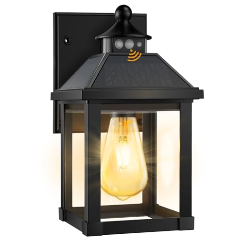 Solar Porch Lights Outdoor Dusk to Dawn with Motion Sensor (Black-1Pack)